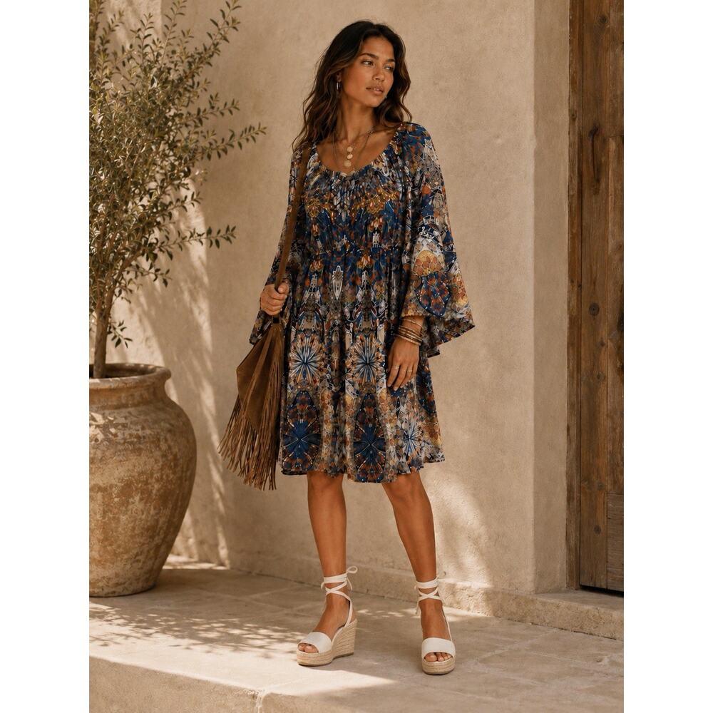 Boston Proper Boho Paisley Peasant Tunic Dress Blue Orange Flowy Size L Festival